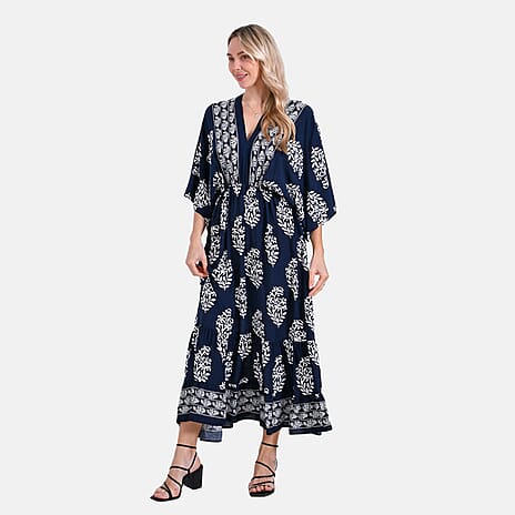 - Maisi Bohemian Geometric Ethnic Print V-Neck Maxi Dress (One Size) - Navy with White Print