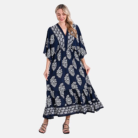 - Maisi Bohemian Geometric Ethnic Print V-Neck Maxi Dress (One Size) - Navy with White Print