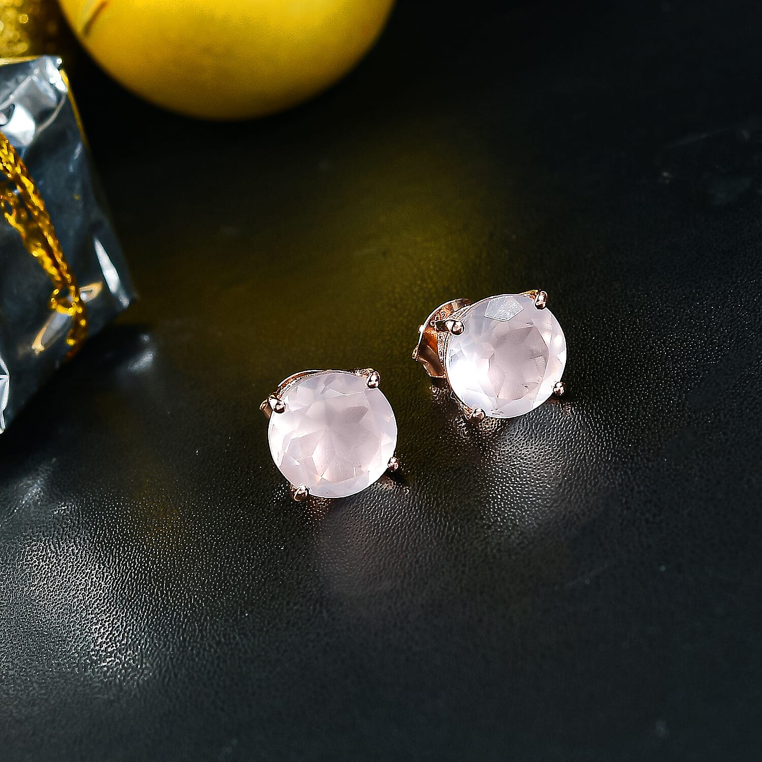 Rose Quartz Solitaire Stud Push Post Earring in 18K Vermeil Rose Gold Plated Sterling Silver 5.04 Ct.
