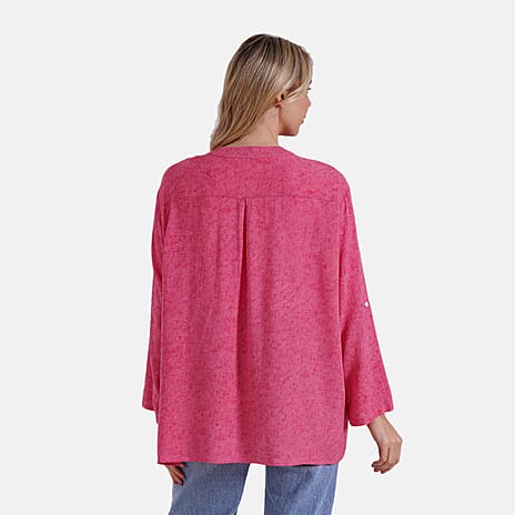 La Marey Linen Blend Super Soft Long Sleeve Mandarin Collar Top (Size M) - Hot Pink