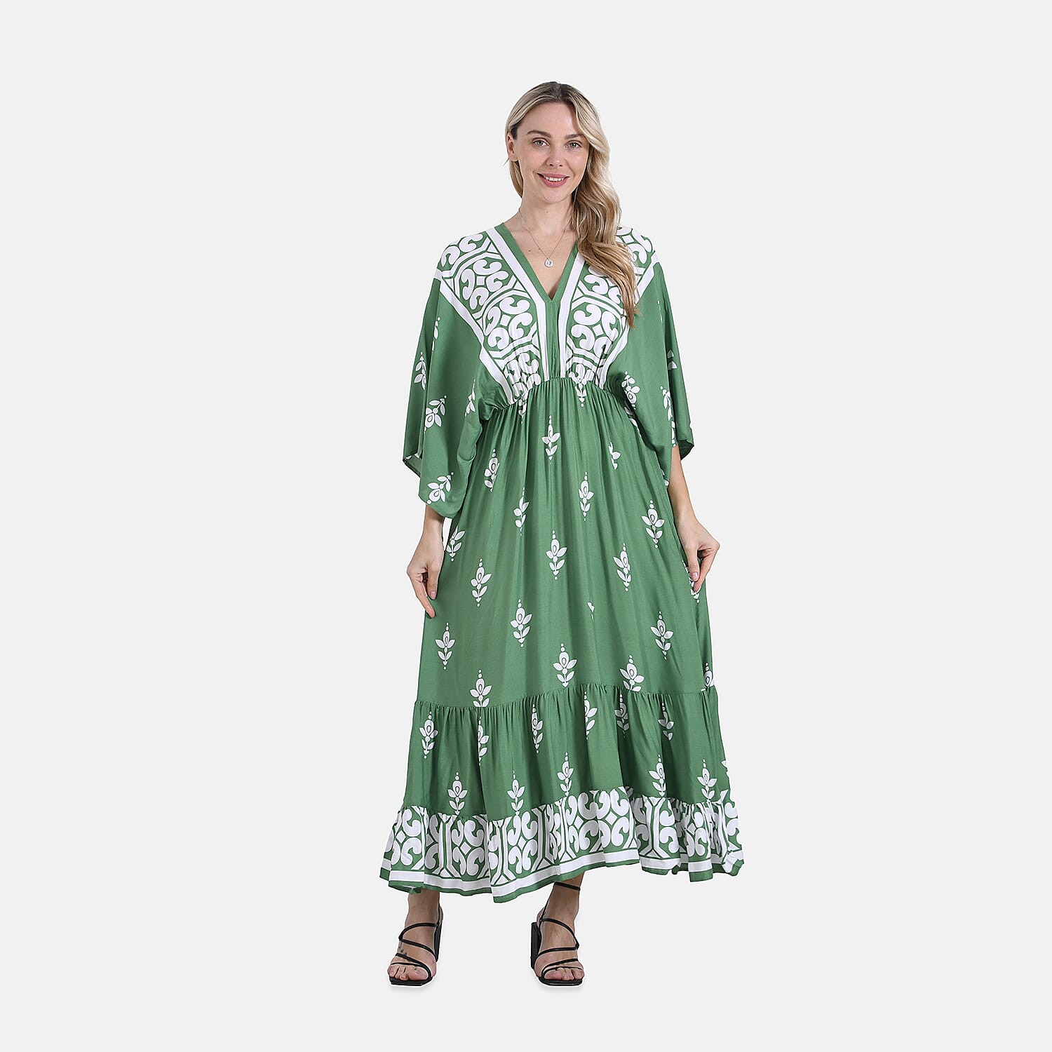 La Marey Mixed Print Elastic Waist V-Neck Maxi Dress with Kimono Sleeves - Green