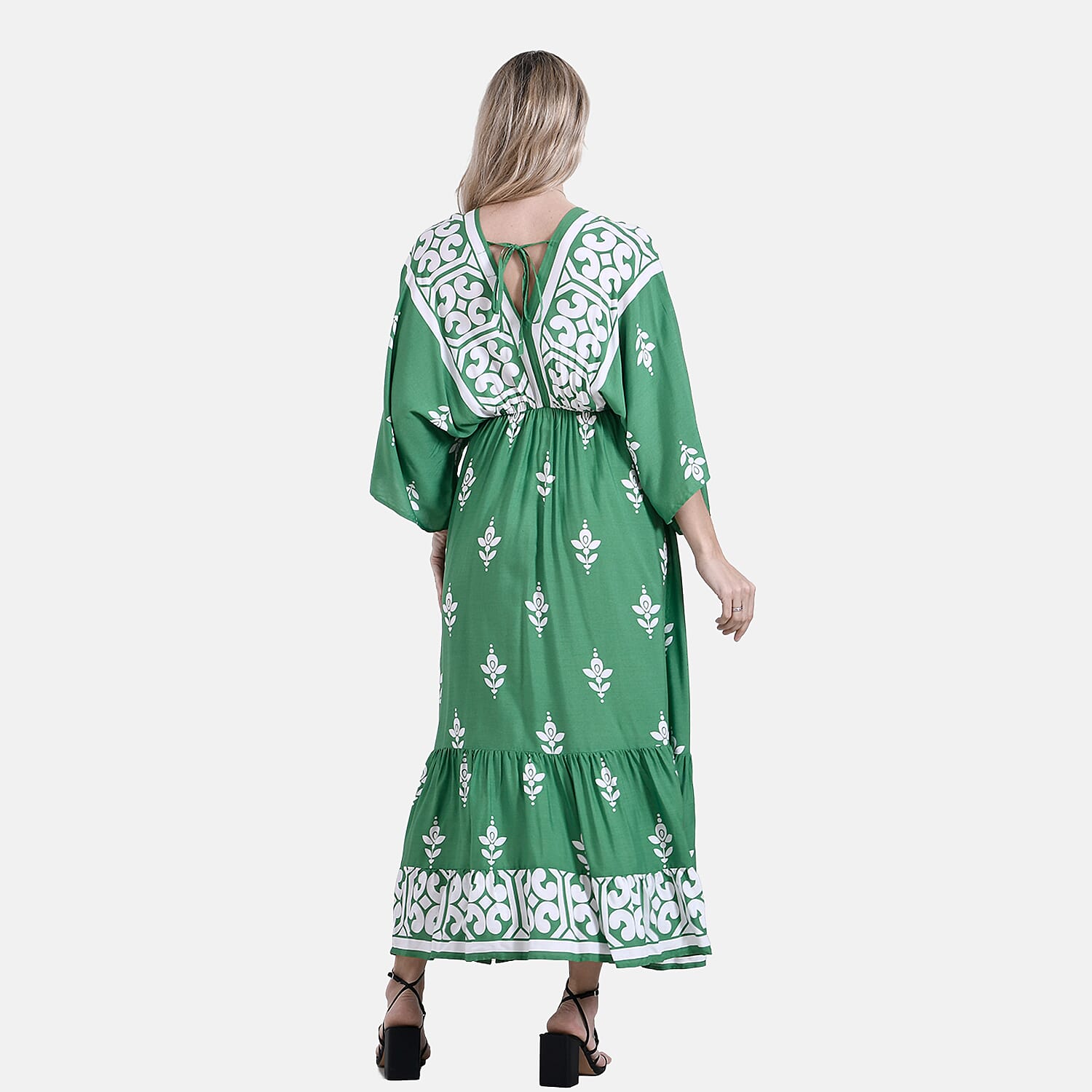 La Marey Mixed Print Elastic Waist V-Neck Maxi Dress with Kimono Sleeves - Green