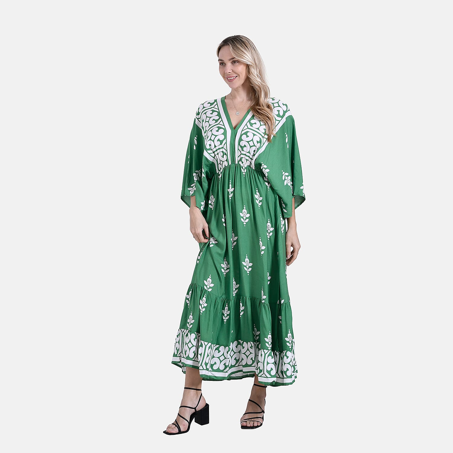 La Marey Mixed Print Elastic Waist V-Neck Maxi Dress with Kimono Sleeves - Green