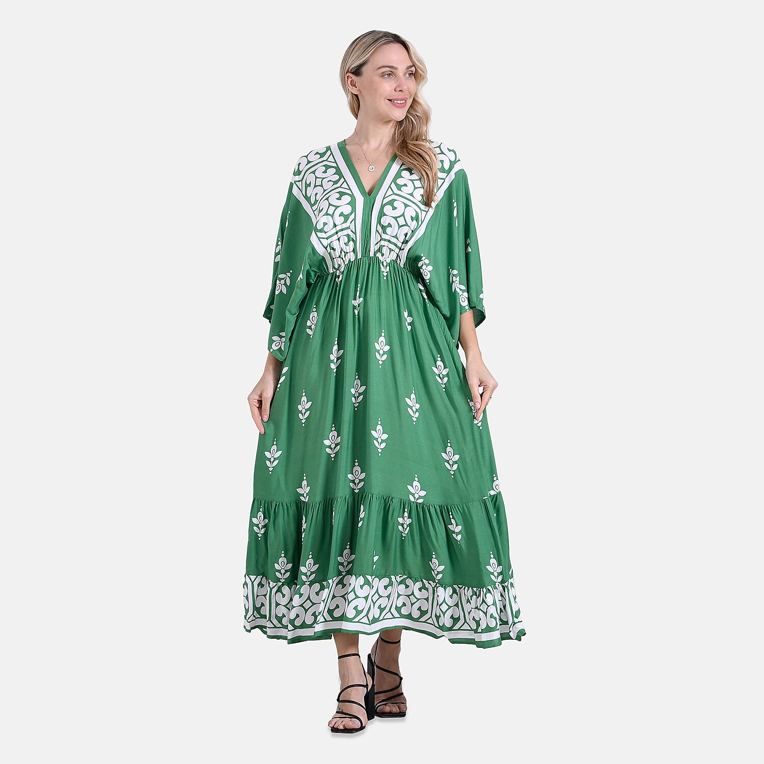 La Marey Mixed Print Elastic Waist V-Neck Maxi Dress with Kimono Sleeves - Green