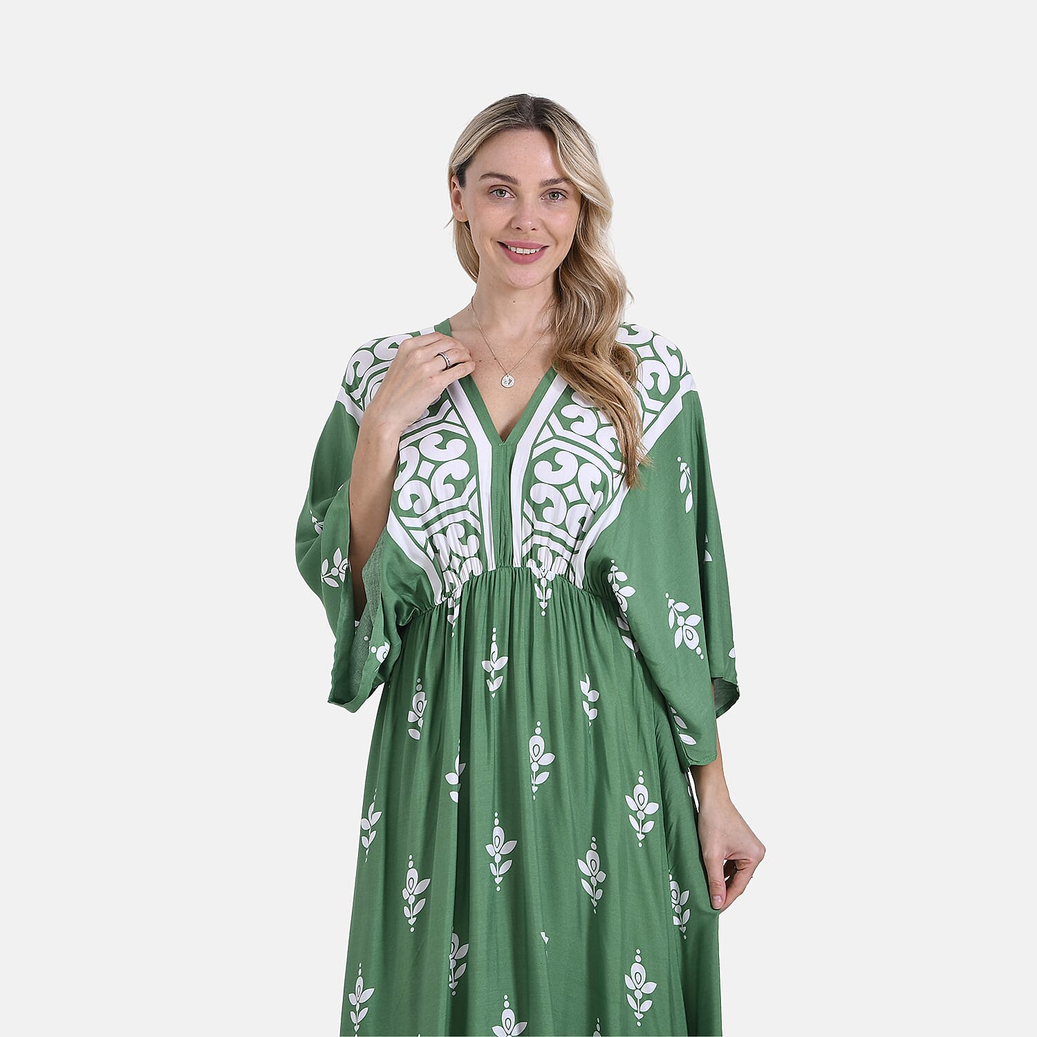La Marey Mixed Print Elastic Waist V-Neck Maxi Dress with Kimono Sleeves - Green
