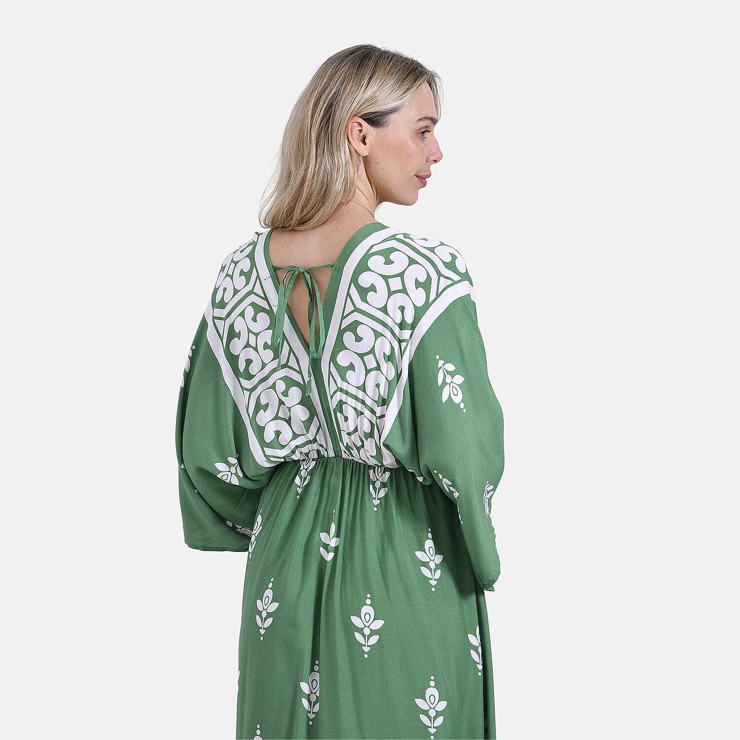 La Marey Mixed Print Elastic Waist V-Neck Maxi Dress with Kimono Sleeves - Green