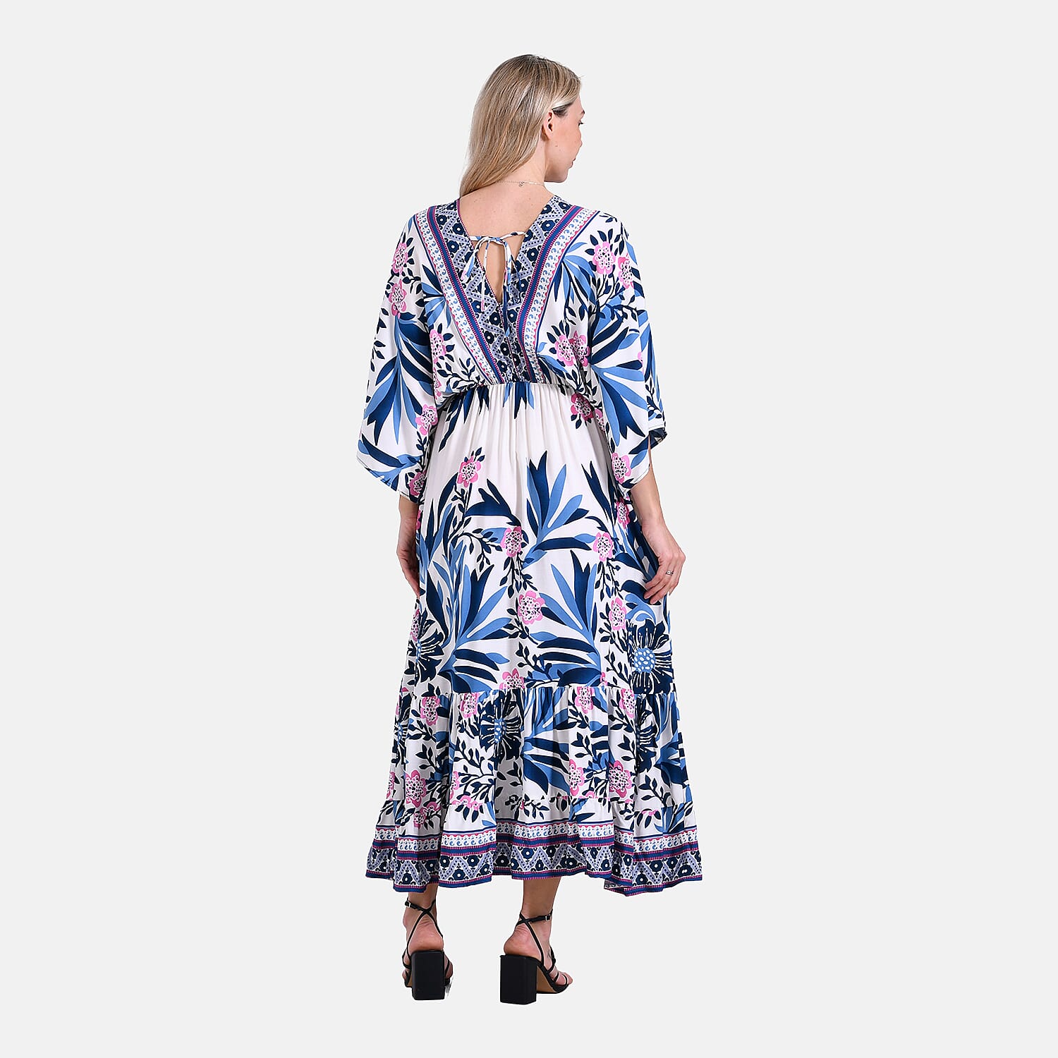 La Marey Flower Print Elastic Waist V-Neck Maxi Dress with Kimono Sleeves - White