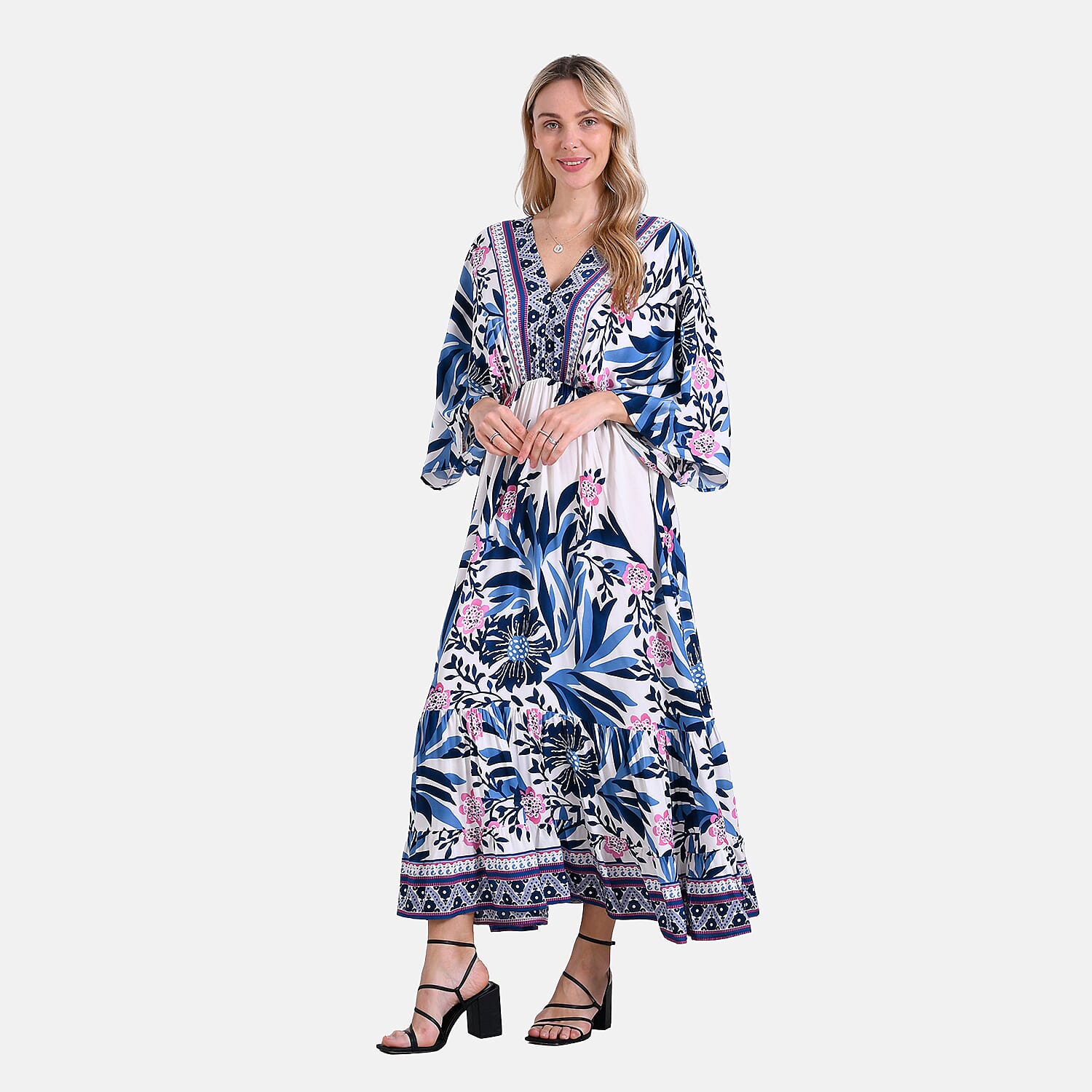 La Marey Flower Print Elastic Waist V-Neck Maxi Dress with Kimono Sleeves - White