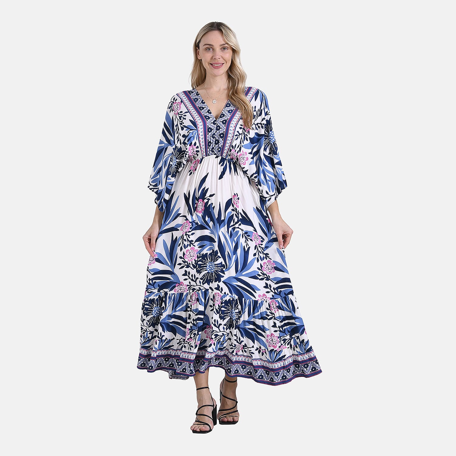 La Marey Flower Print Elastic Waist V-Neck Maxi Dress with Kimono Sleeves - White
