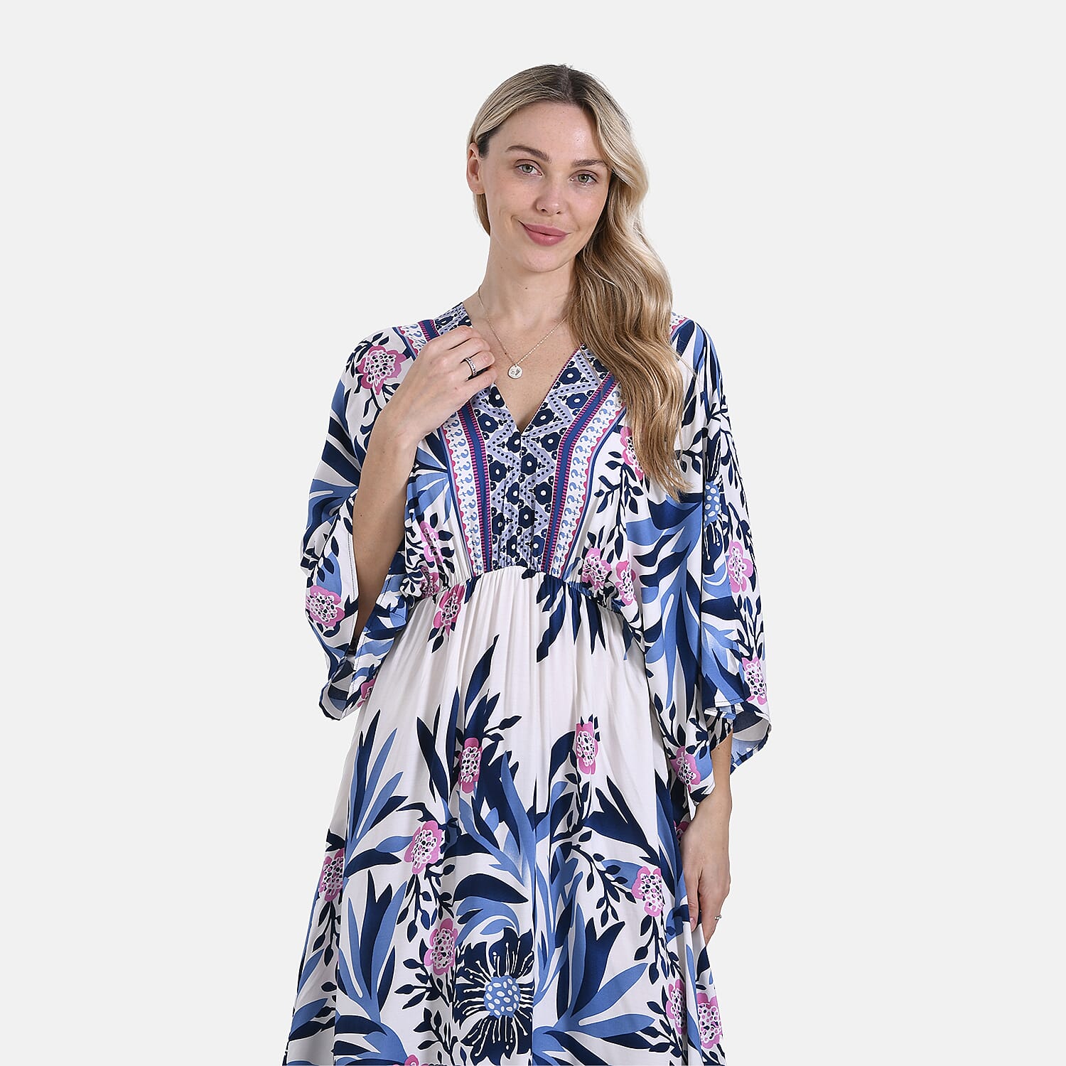 La Marey Flower Print Elastic Waist V-Neck Maxi Dress with Kimono Sleeves - White