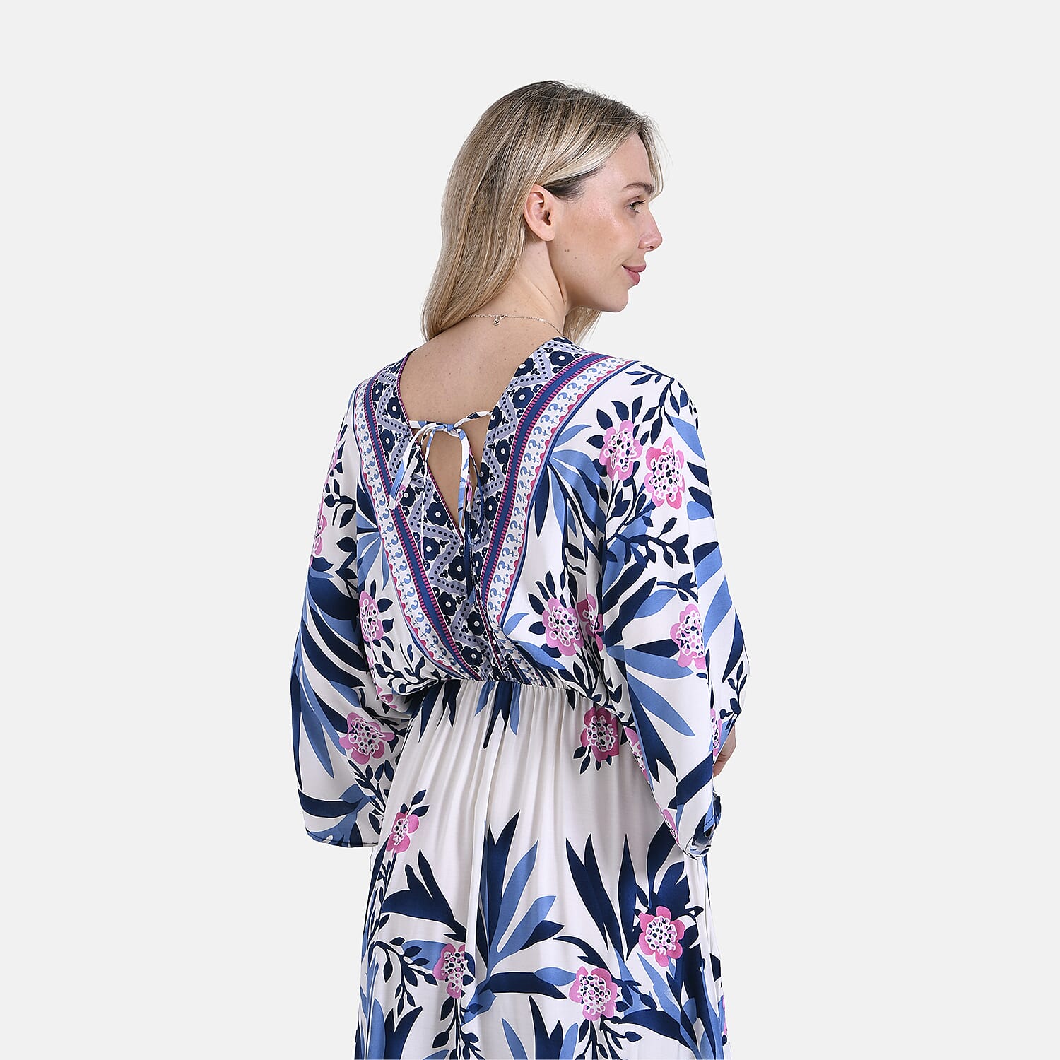 La Marey Flower Print Elastic Waist V-Neck Maxi Dress with Kimono Sleeves - White