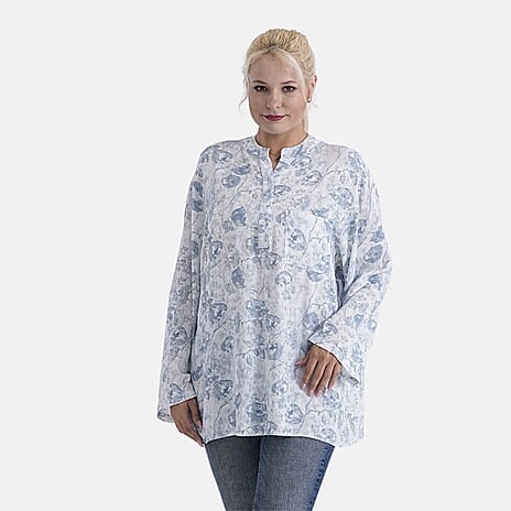 La Marey Linen Blend Super Soft Long Sleeve Mandarin Collar Top (Size L) - Blue