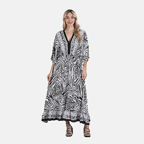 La Marey Zebra Stripe Print Elastic Waist V-Neck Maxi Dress with Kimono Sleeves - Black