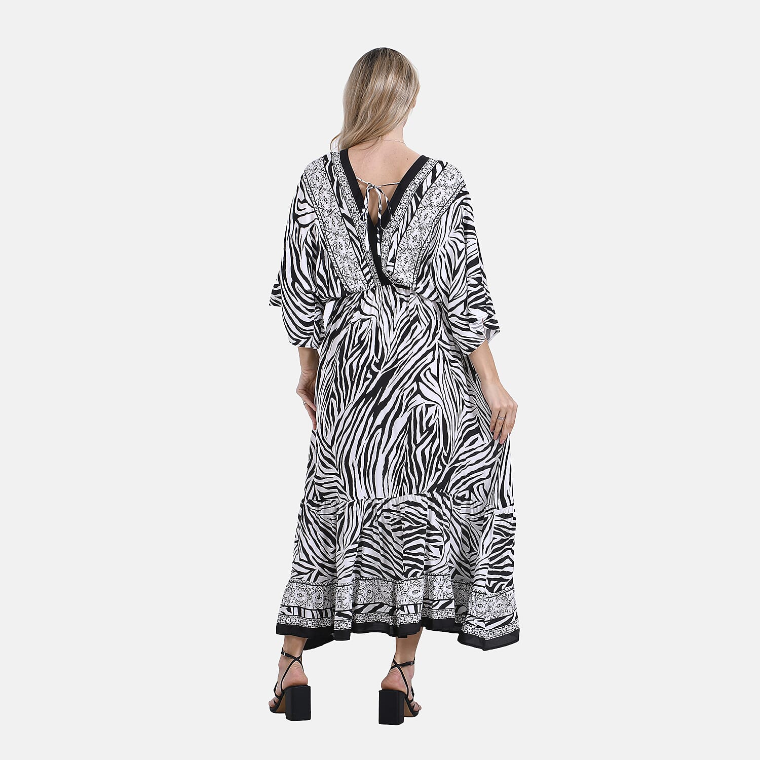 La Marey Zebra Stripe Print Elastic Waist V-Neck Maxi Dress with Kimono Sleeves - Black