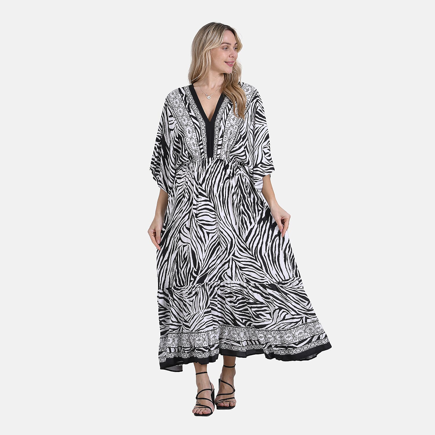 La Marey Zebra Stripe Print Elastic Waist V-Neck Maxi Dress with Kimono Sleeves - Black