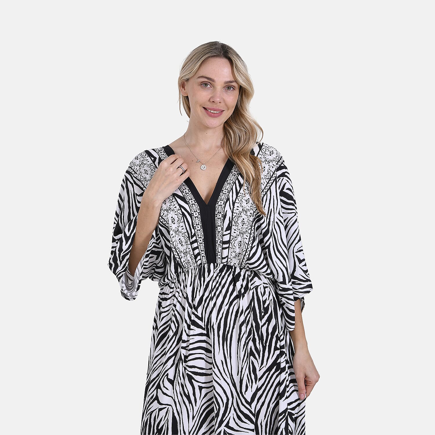 La Marey Zebra Stripe Print Elastic Waist V-Neck Maxi Dress with Kimono Sleeves - Black