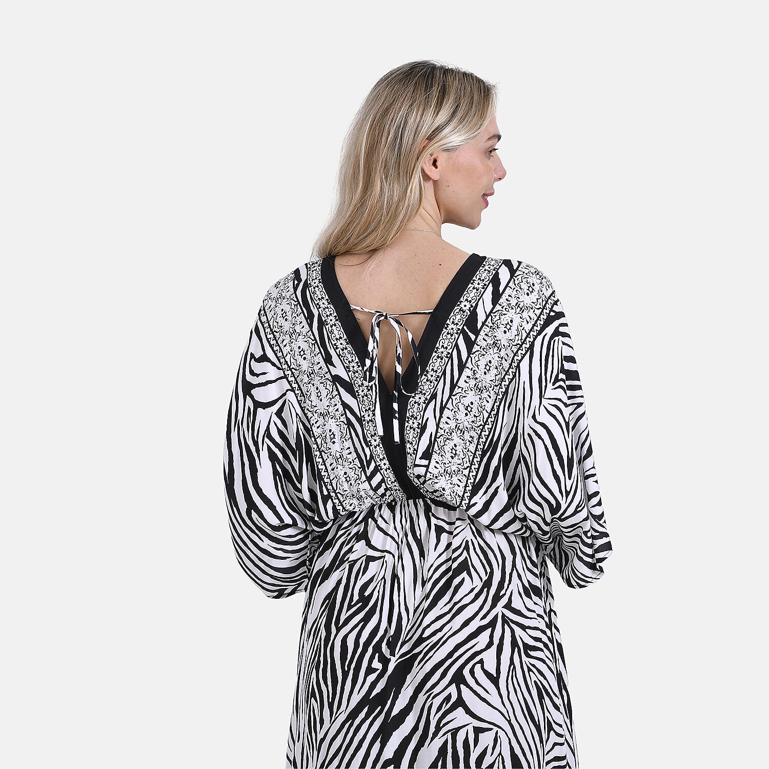 La Marey Zebra Stripe Print Elastic Waist V-Neck Maxi Dress with Kimono Sleeves - Black