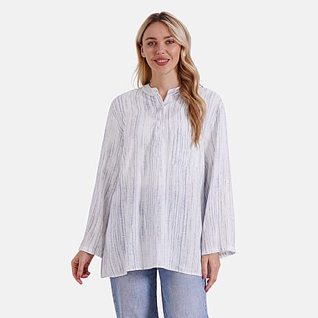 - Maisi Womens Linen Blend Super Soft Long Sleeve Relaxed Fit Blouse (Size M) - Blue