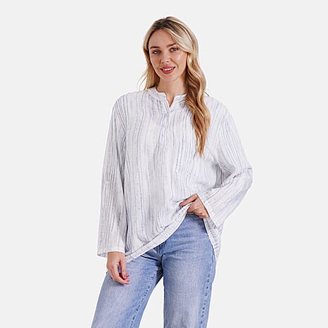 - Maisi Womens Linen Blend Super Soft Long Sleeve Relaxed Fit Blouse (Size XL) - Blue