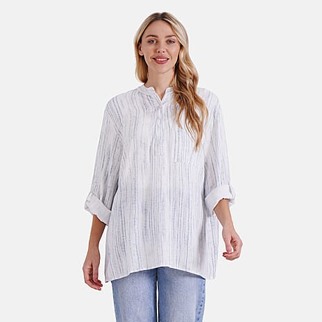 - Maisi Womens Linen Blend Super Soft Long Sleeve Relaxed Fit Blouse (Size XL) - Blue