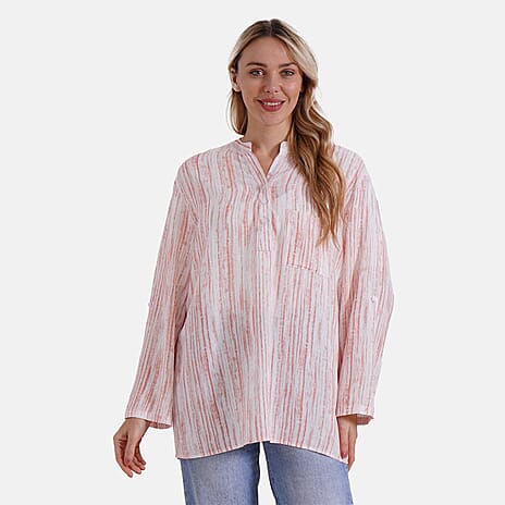 - Maisi Womens Linen Blend Super Soft Long Sleeve Relaxed Fit Blouse (Size M) - Orange