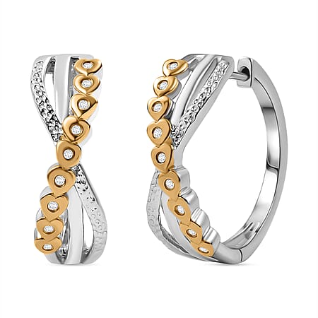 GP Lab Grown Diamond (SI/G-H) and Blue Sapphire Hoop Earrings in 18K Vermeil Yellow Gold Plated and Rhodium Overlay Sterling Silver, Silver Wt. 9.50 Gms.