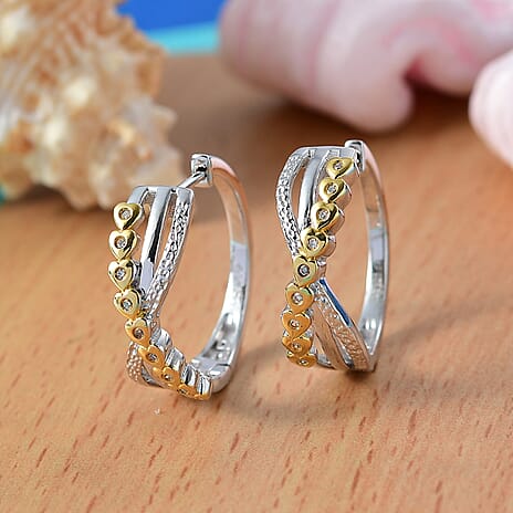 GP Lab Grown Diamond (SI-G-H) & Blue Sapphire Hoop Earrings in 18K Vermeil Yellow Gold Plated & Rhodium Overlay Sterling Silver 0.20 Ct, Silver Wt. 9.50 Gms.