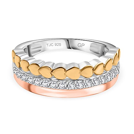 GP Collection Lab Grown Diamond and Blue Sapphire Band Ring in Rhodium Overlay and 18K Vermeil Yellow and Rose Gold Plated Sterling Silver