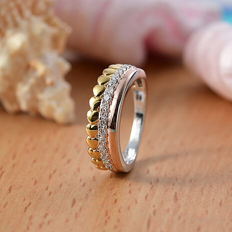 GP Lab Grown Diamond & Blue Sapphire Band Ring in Rhodium Overlay & 18K Vermeil Yellow & Rose Gold Plated Sterling Silver 0.26 Ct.