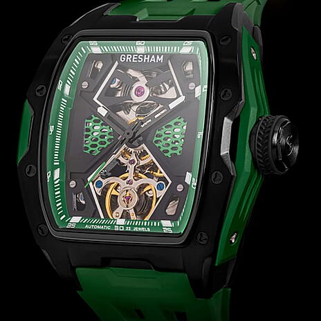 Gresham GI Special Edition Automatic Movt. 5ATM WR Skeleton Dial Mens Watch - Black - Green
