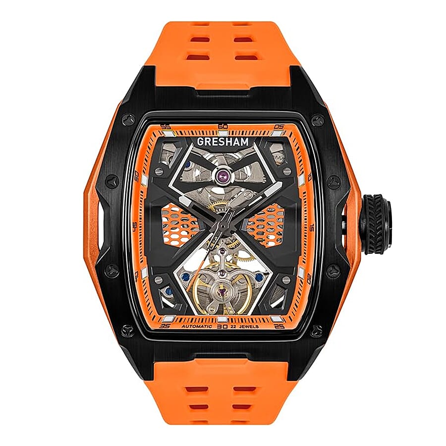 Gresham GI Special Edition Automatic Movt. 5ATM WR Skeleton Dial Mens Watch - Black - Orange