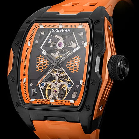 Gresham GI Special Edition Automatic Movt. 5ATM WR Skeleton Dial Mens Watch - Black - Orange