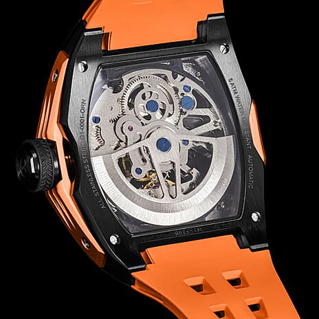 Gresham GI Special Edition Automatic Movt. 5ATM WR Skeleton Dial Mens Watch - Black - Orange