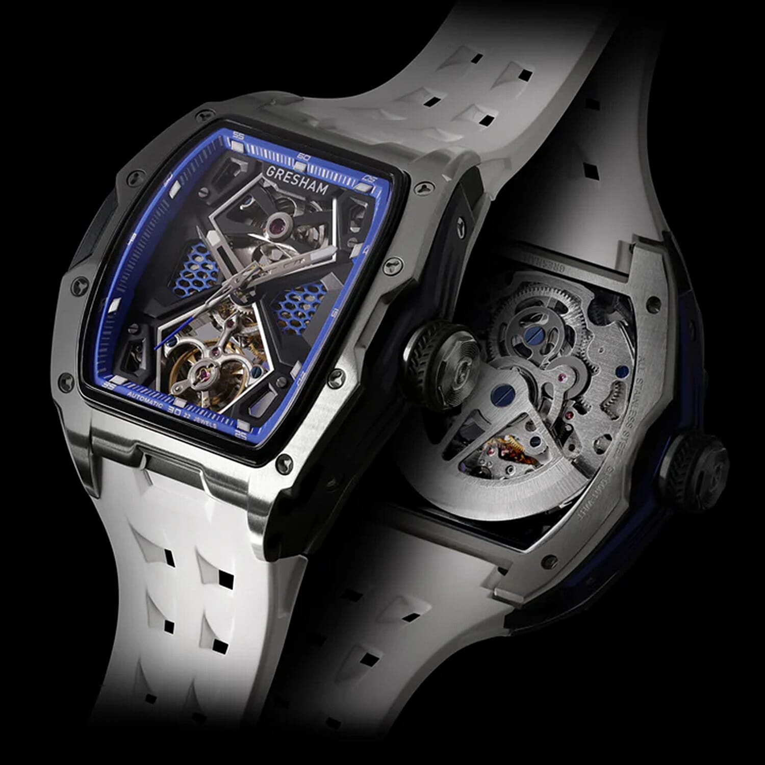 Gresham GI Special Edition Automatic Movt. 5ATM WR Skeleton Dial Mens Watch - Silver - Blue Gresham GI Special Edition Automatic Movt. 5ATM WR Skeleton Dial Mens Watch - Silver - Blue