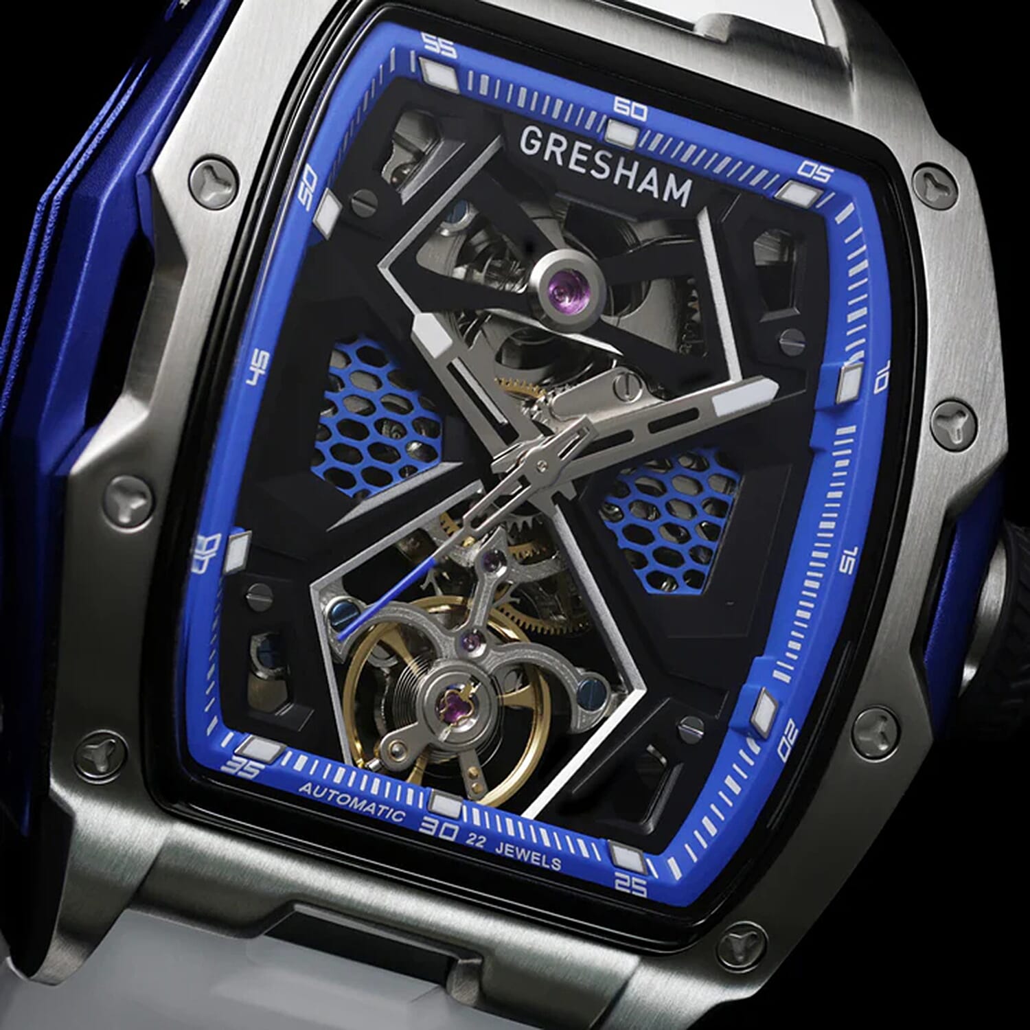 Gresham GI Special Edition Automatic Movt. 5ATM WR Skeleton Dial Mens Watch - Silver - Blue Gresham GI Special Edition Automatic Movt. 5ATM WR Skeleton Dial Mens Watch - Silver - Blue