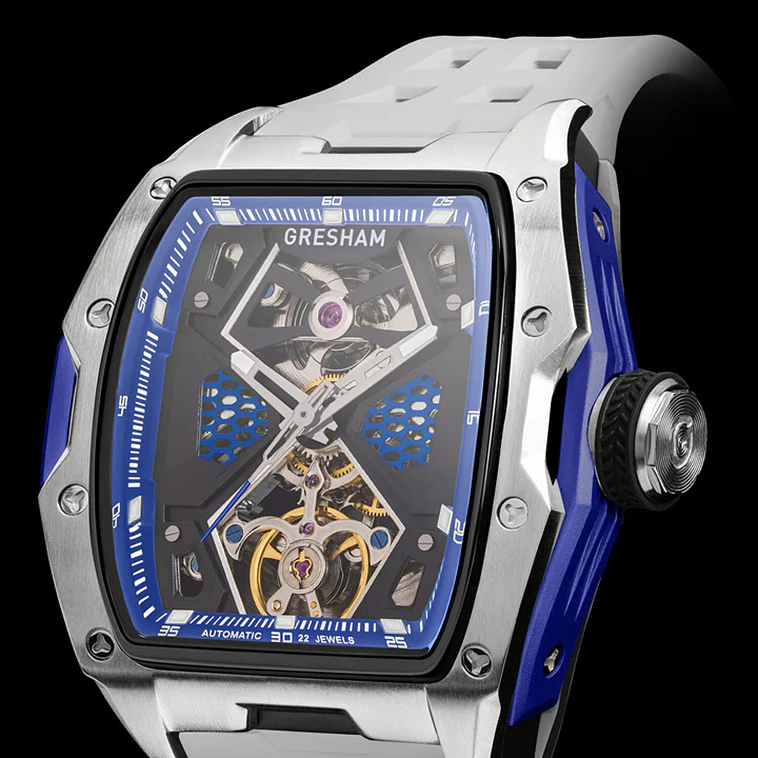 Gresham GI Special Edition Automatic Movt. 5ATM WR Skeleton Dial Mens Watch - Silver - Blue Gresham GI Special Edition Automatic Movt. 5ATM WR Skeleton Dial Mens Watch - Silver - Blue