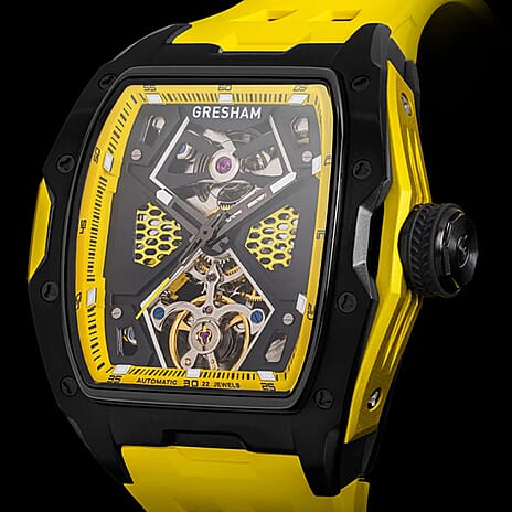 Gresham GI Special Edition Automatic Movt. 5ATM WR Skeleton Dial Mens Watch - Black - Yellow