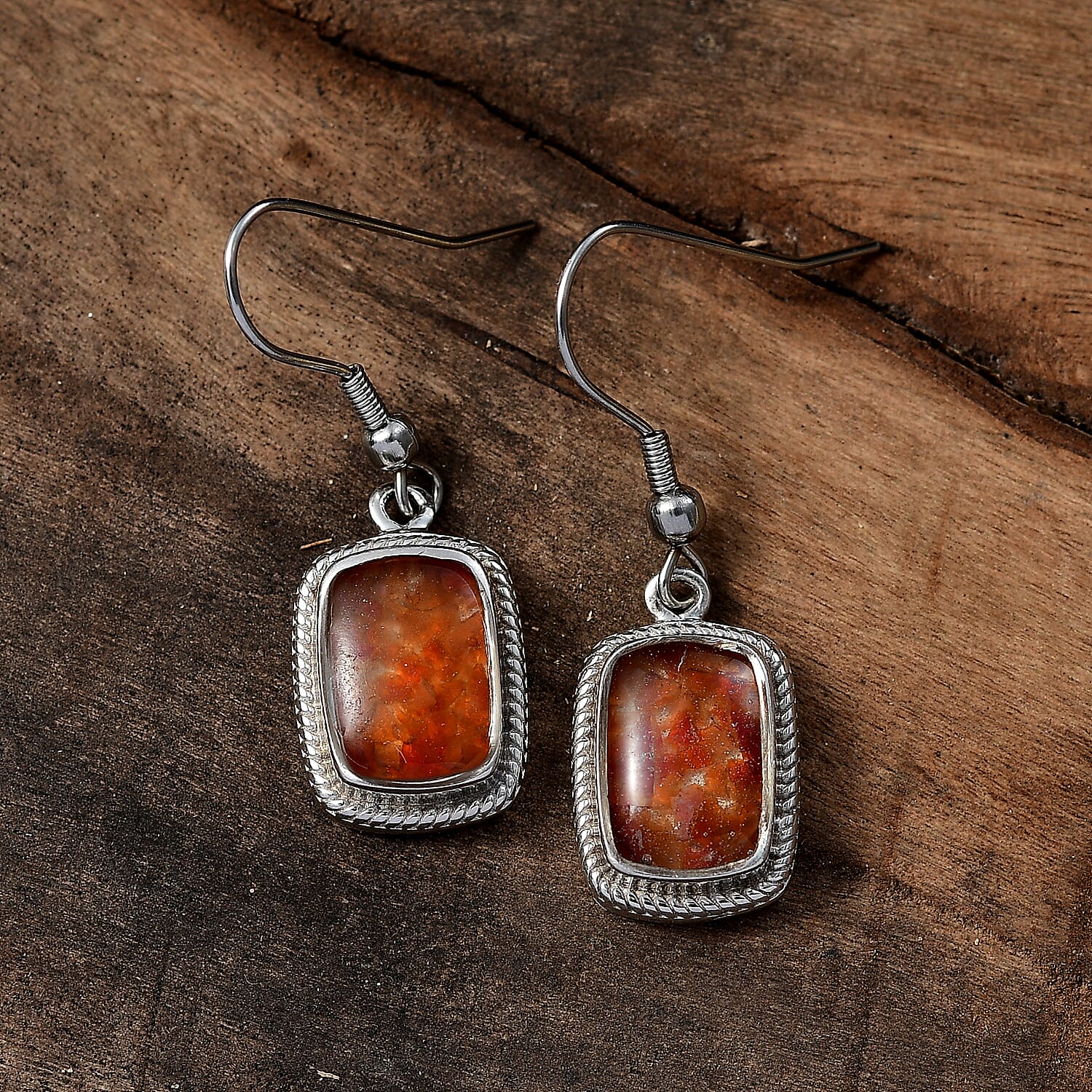 Fire Opal Matrix Solitaire Lever Back Earring with J Hook in White Tone 10.00 Ct.