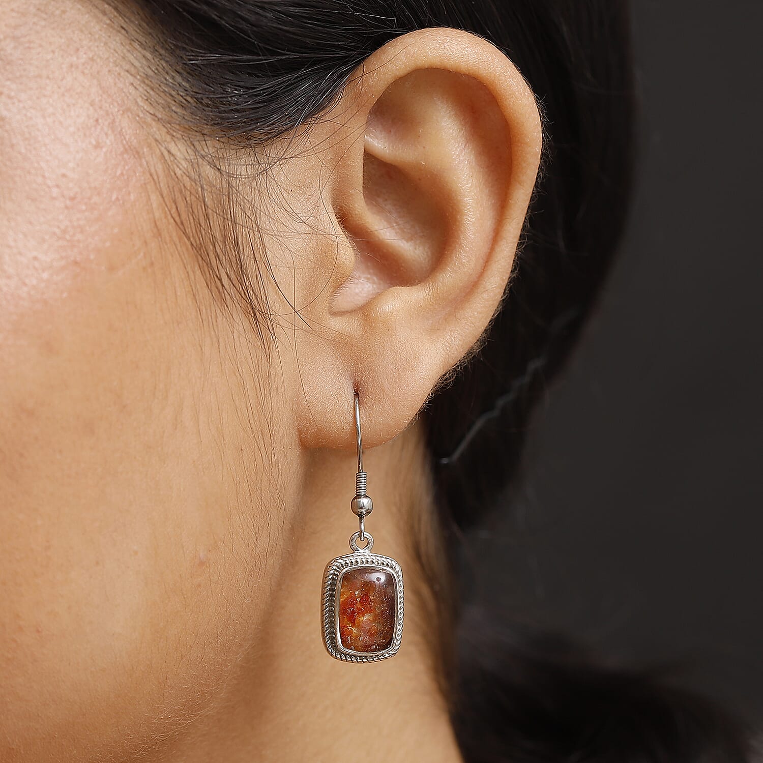 Fire Opal Matrix Solitaire Lever Back Earring with J Hook in White Tone 10.00 Ct.