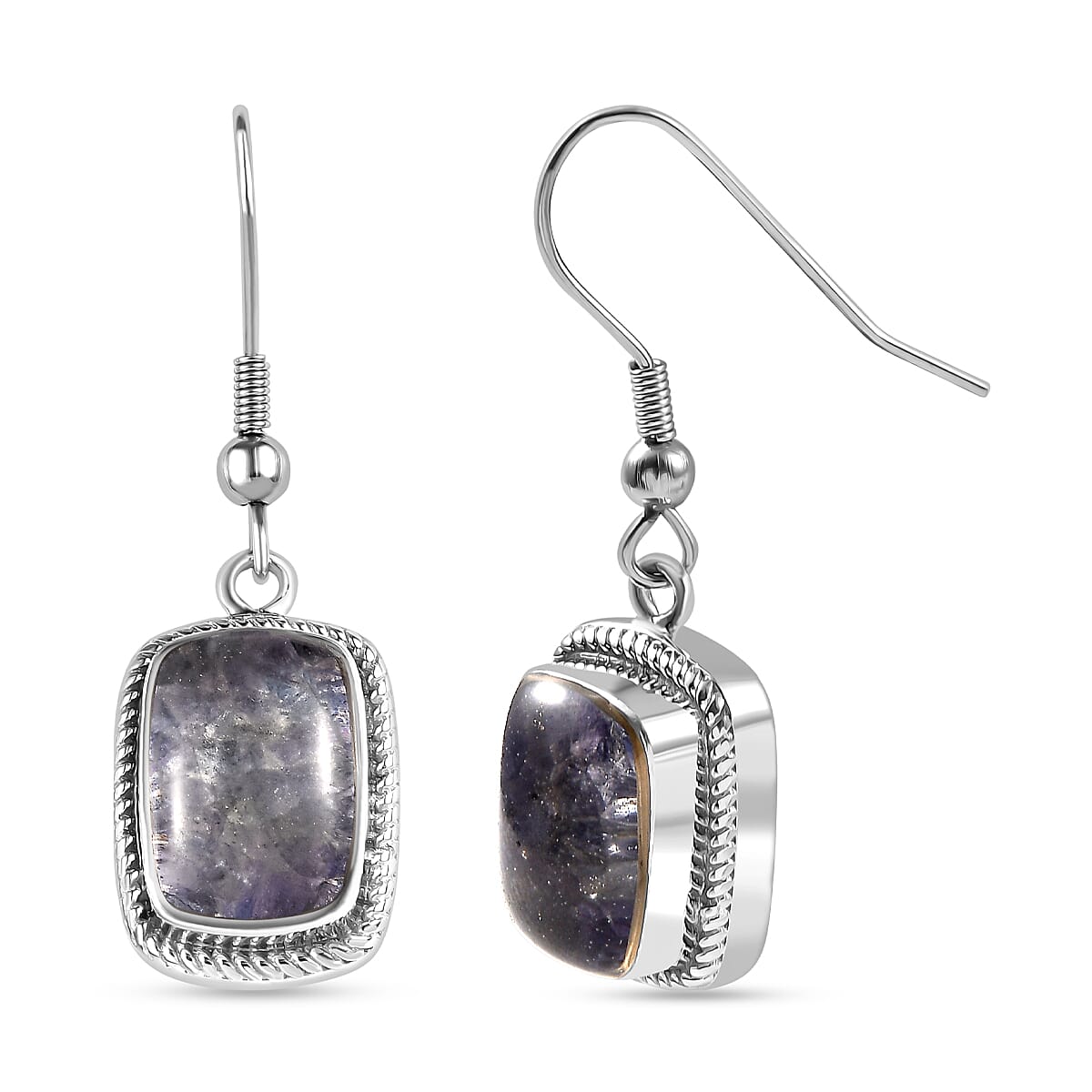 Tanzanite Matrix Solitaire Lever Back Earring with J Hook in White Tone 10.00 Ct.