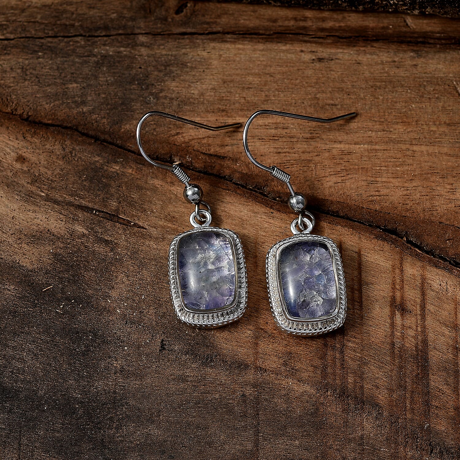 Tanzanite Matrix Solitaire Lever Back Earring with J Hook in White Tone 10.00 Ct.