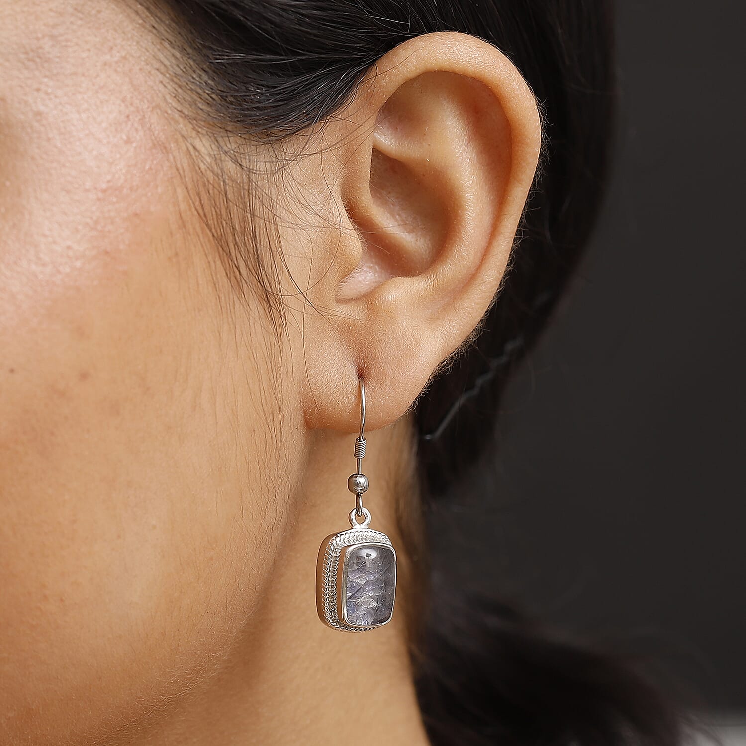 Tanzanite Matrix Solitaire Lever Back Earring with J Hook in White Tone 10.00 Ct.