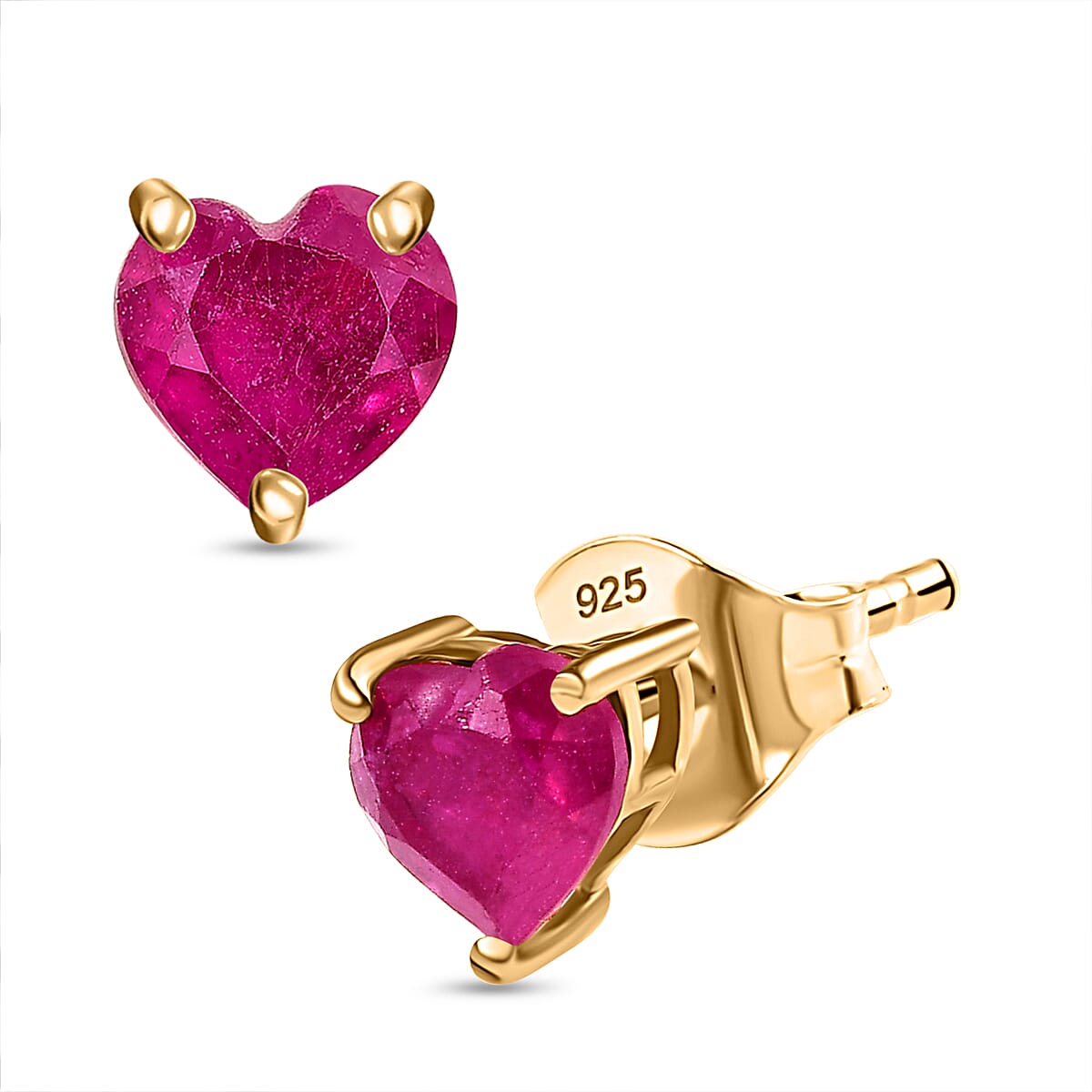 Valentines Special THE HEART OF AFRICA -  Ruby Heart Earrings in 18K Vermeil Yellow Gold Plated Sterling Silver 1.50 Ct.