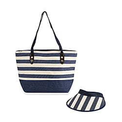 Two-Piece Set - Beach Ready Nautical Style Striped Tote Bag and Hallow Top Sun Hat - Blue Stripe