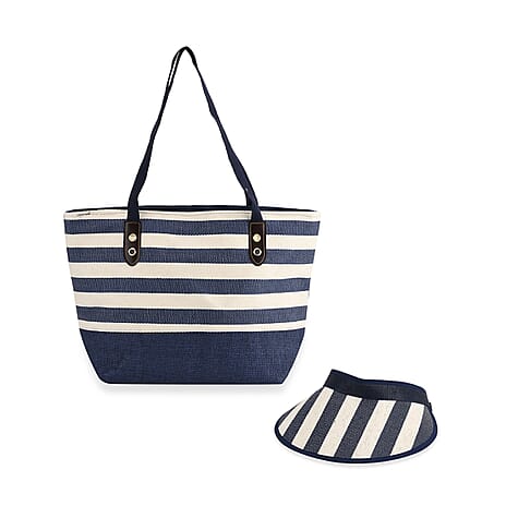 Two-Piece Set - Beach Ready Nautical Style Striped Tote Bag and Hallow Top Sun Hat - Blue Stripe