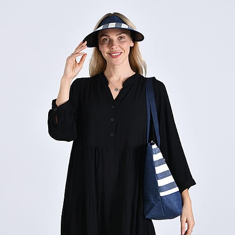 Two-Piece Set - Beach Ready Nautical Style Striped Tote Bag and Hallow Top Sun Hat - Blue Stripe