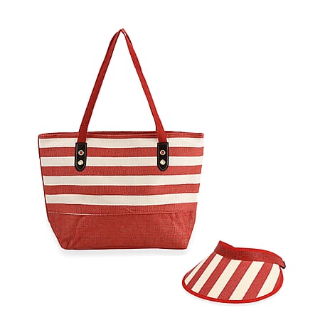 Two-Piece Set - Beach Ready Nautical Style Striped Tote Bag - Hallow Top Sun Hat - Red