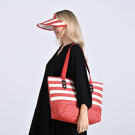 Two-Piece Set - Beach Ready Nautical Style Striped Tote Bag - Hallow Top Sun Hat - Red
