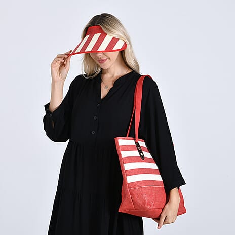 Two-Piece Set - Beach Ready Nautical Style Striped Tote Bag - Hallow Top Sun Hat - Red
