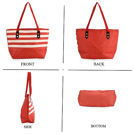 Two-Piece Set - Beach Ready Nautical Style Striped Tote Bag - Hallow Top Sun Hat - Red